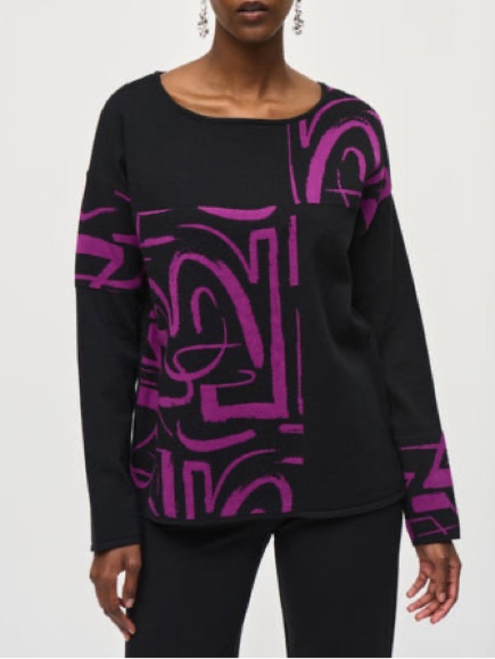 Joseph Ribkoff Abstract Print Knit Top Black Purple Art-to-Wear Size Medium